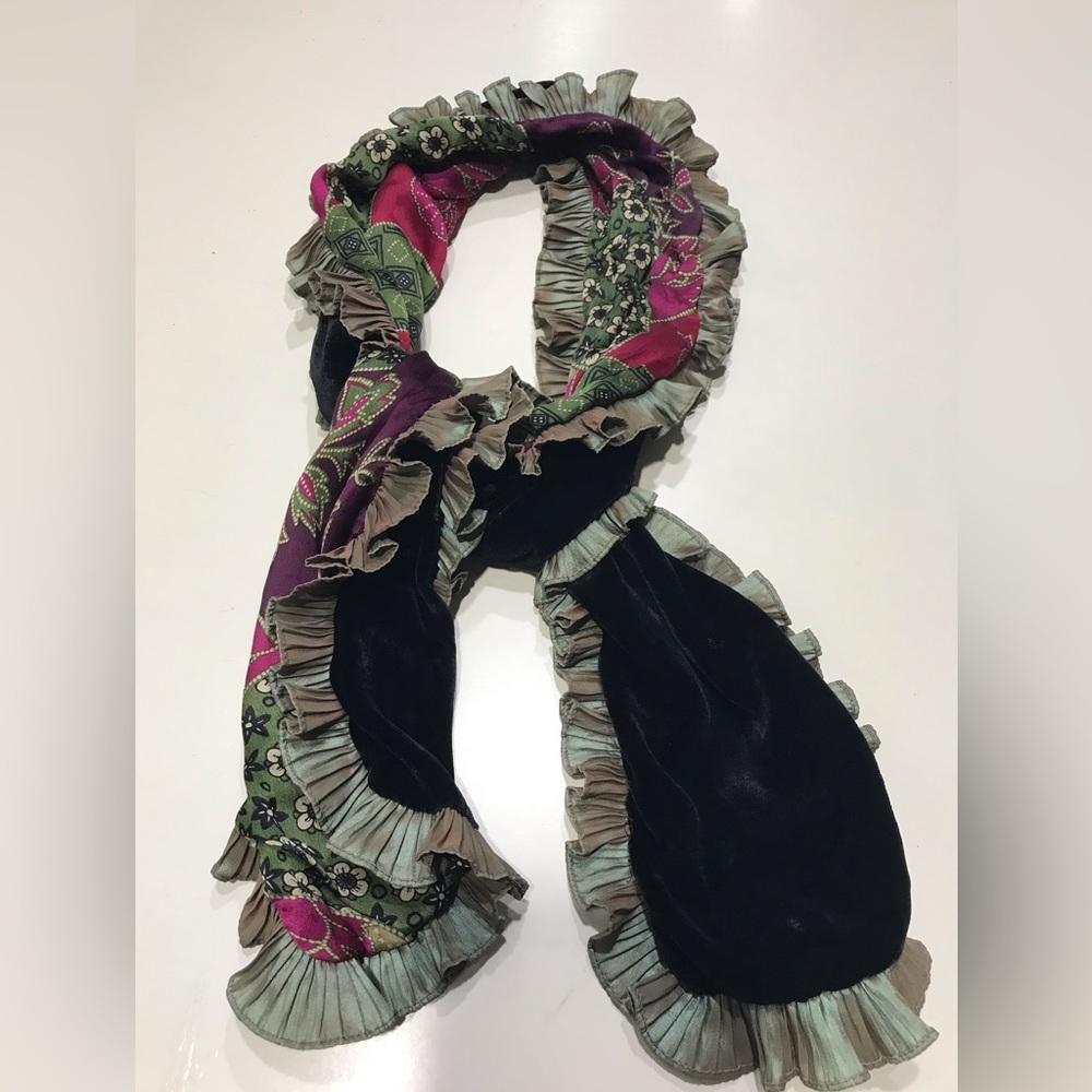 Silk and Velvet Scarf with Ruffle Edge